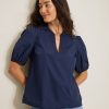 Oceana Isle Puff-Sleeve Split-Neck Top