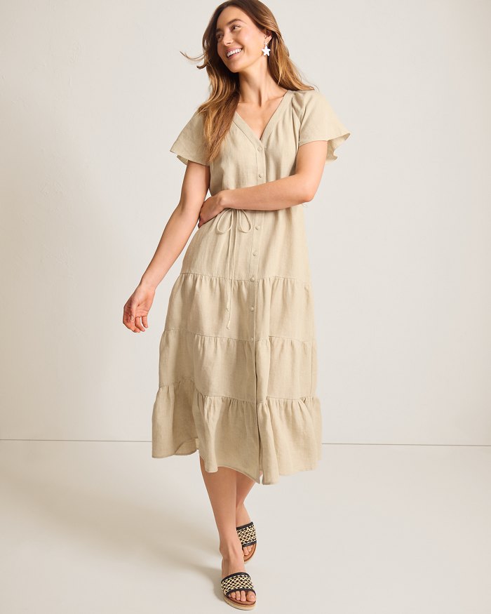Coastalina Linen Tiered Shirt Dress