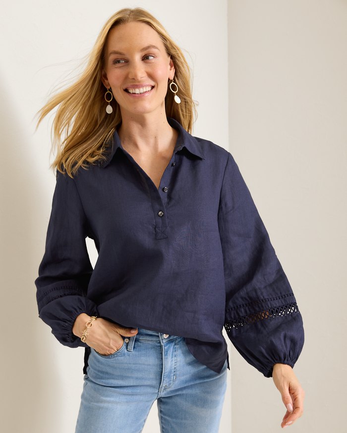 Coastalina Linen Collared Peasant Top