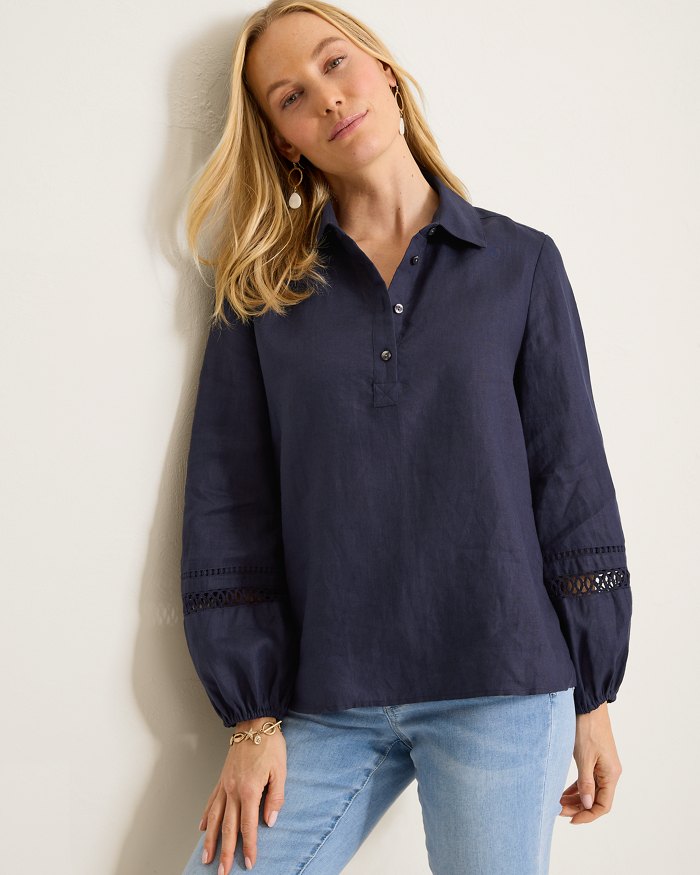 Coastalina Linen Collared Peasant Top