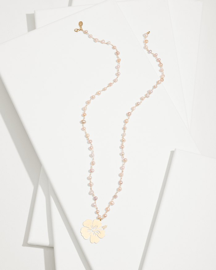 Tropical Blooms Hibiscus Pendant Pearl Necklace